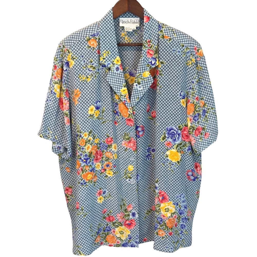 VINTAGE Diane Von‎ Furstenberg 100% Silk Blue Floral Short Sleeve Blouse Size 2X